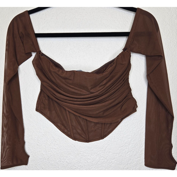 Zara Corset Top Womens Medium Brown Mesh Sheer Cropped Ruched Off Shoulder Y2K - Picture 2 of 12